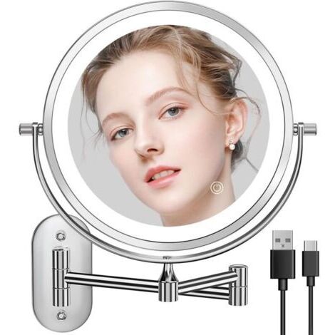Green Mobility-Miroir de maquillage mural 8 pouces, rechargeable par USB, LED, 3 couleurs d'éclairage, double face, grossissement 1x/10x, interrupteur tactile
