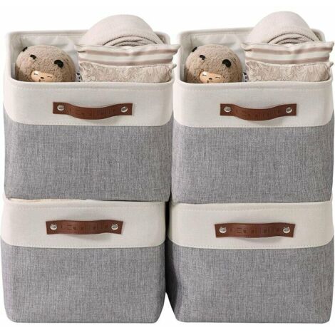 Green Mobility-paniers de rangement pliables en tissu cationique robuste et pliable avec poignées pour étagère pour chambre d'enfant ou penderie (Gris et blanc, Large 4 Pack)
