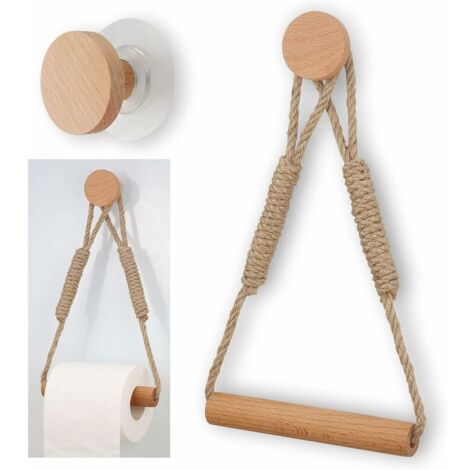 Green Mobility-Porte Papier Toilette Bois Auto-adhésif, Support Papier Toilette sans Perçage, Porte-Rouleau de Papier Toilette Vintage avec Corde de Chanvre pour la Cuisine, la Salle de Bain et Les To