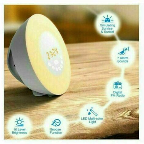 Green Mobility-Réveil Lumière, Lampe Réveil Veilleuse Lumière RGB LED Câble USB Tactile Contrôle MultiMode Sunrise/Sunset/Snooze/Radio FM/7 couleurs/6 Sons Naturels/10 Niveaux de Luminosité pour Adult
