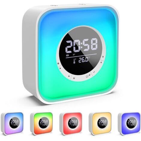 Green Mobility-Réveil lumineux avec enceinte Bluetooth – Lampe de chevet LED 10 couleurs – Radio FM – Affichage température – Rechargeable 3600 mAh