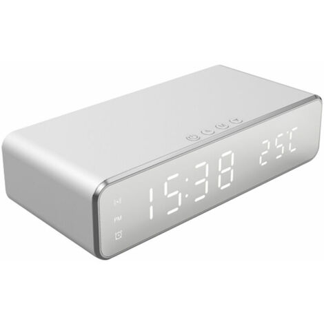 Green Mobility-Reveil numerique pour chambre Horloge electronique avec charge sans fil 5W pour casque de telephone Thermometre Temperature Affichage de la date 3 alarmes 12/24H LED ecran miroir Charge