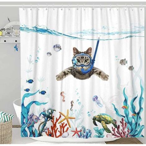 Green Mobility-Rideau de Douche 180 x 200 cm Plongée Chat Océan Imprimé Imperméable Rideau de Bain Lavable