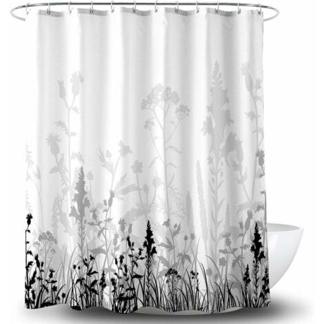 Green Mobility-Rideau de douche 180x200CM Rideau de douche en tissu de salle de bain floral noir et gris avec crochets, accessoires de salle de bain décoratifs, étanche à l'eau, œillets en métal renfo