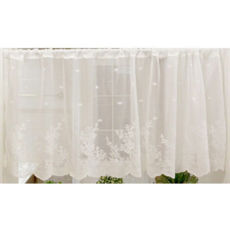 Green Mobility-Rideaux Brise Bise Fleurs Découpée Court Rideau Passe Tringle Semi-Transparent Cuisine Bureau Chambre 1 Pièce Blanc 60x150cm