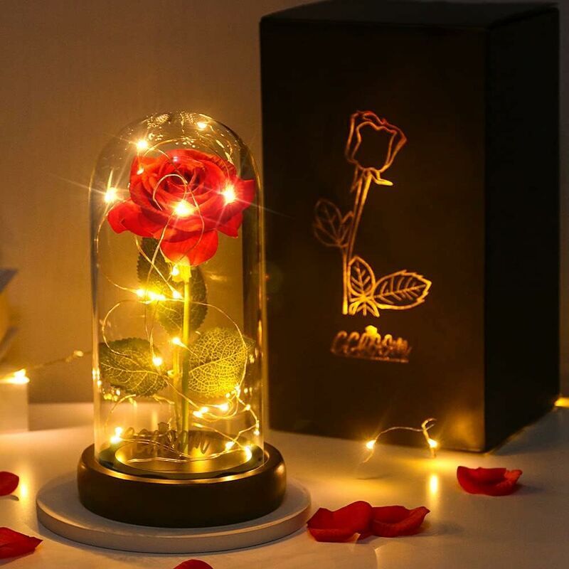 Green Mobility-Rose Enchantée, La Belle et la Bête Rose Rouge Eternelle sous Cloche, Rose en Soie Élégant Dôme en Verre avec Lumières LED Base Bois
