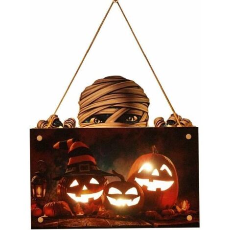 Green Mobility-Signe De Porte d'halloween avec Lumières en Bois Halloween Porch Sign Horror Pumpkin Suspendu Décor pour Le Mur De Maison Extérieure Intérieure