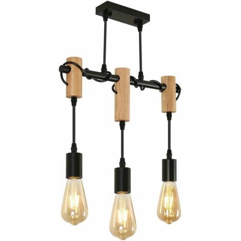 Green Mobility-Suspension Luminaire Vintage, Plafonnier Industriel, Réglable Lustre en Bois pour Salle à Manger, Salon, 3 Lumières E27 (Ampoule Non Incluse)