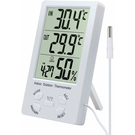 Green Mobility-Thermomètre hygromètre numérique avec sonde hygromètre intérieur et extérieur, réfrigérateur, table, testeur de capteur d'aquarium (blanc).