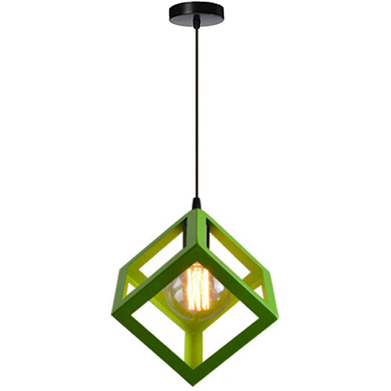 Green Square Metal Ceiling Lamp Geometric Cube Pendant Light E27 Modern Pendant Lamp Modern Hanging Light for Loft Cafe Bar Restaurant
