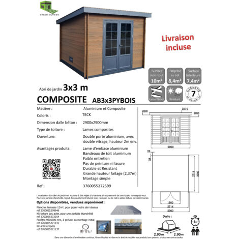 Green Outside – Abri de jardin composite 3x3m toit plat – Coloris teck – Résistant aux intempéries – Double porte avec vitrage – Montage emboîtement