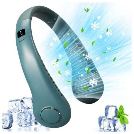 Green portable collarless bladeless fan, 5-speed digital display, large 3000mAh capacity, small USB rechargeable pocket fan