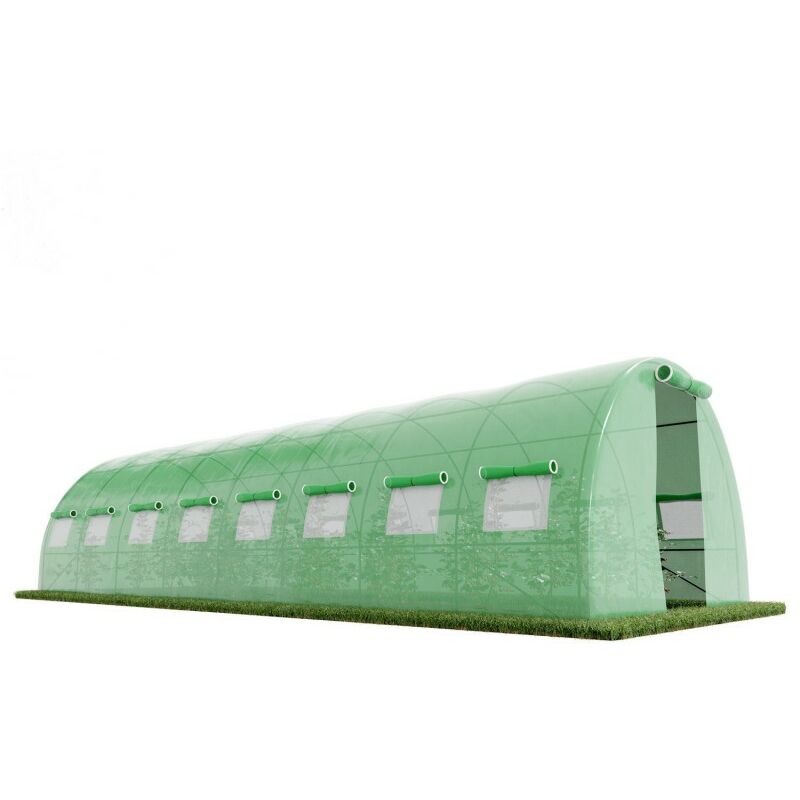 Serre de Jardin Tunnel 24m² - bâche armée - avec fenêtres latérales et porte zipée - Vert