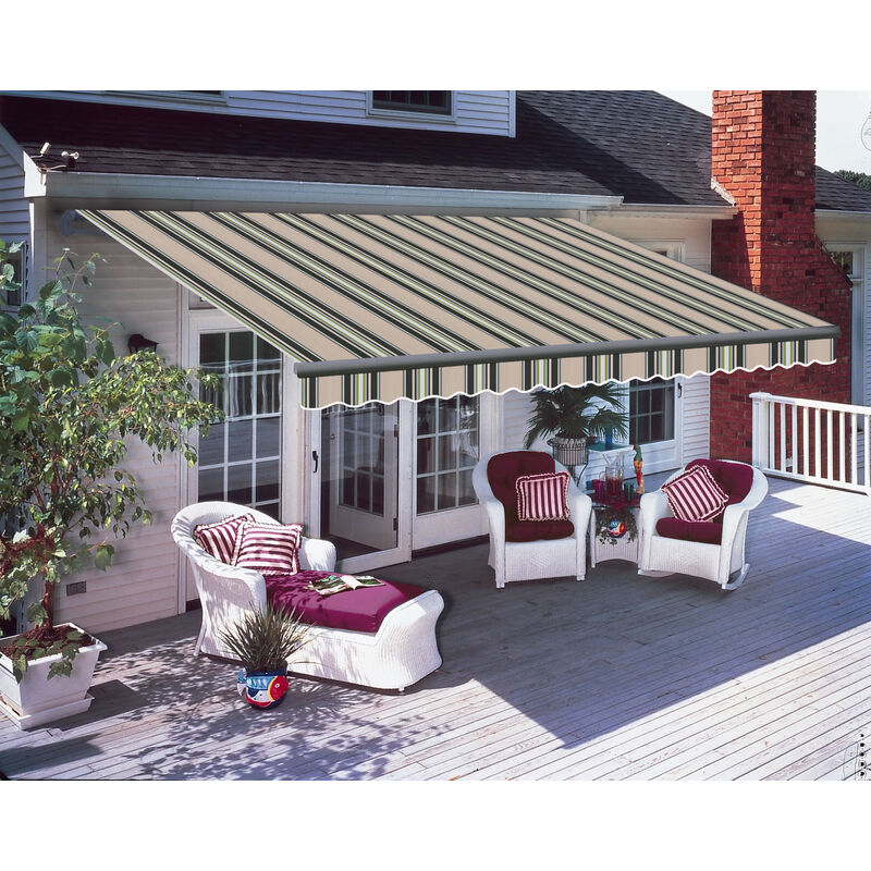 Greenbay 4 x 3m Manual Awning Canopy Patio Garden Sun Shade Retractable Shelter Multi-Stripe with Grey Frame