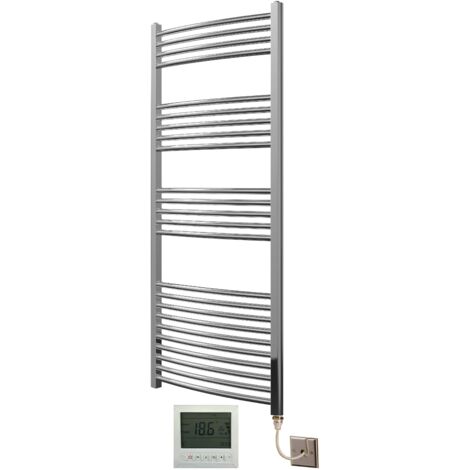 Greened House 600mm wide x 1400mm high Chrome Curved Electric Heated Towel Rail Designer Towel radiator + 7 Day Timer and Room Thermostat