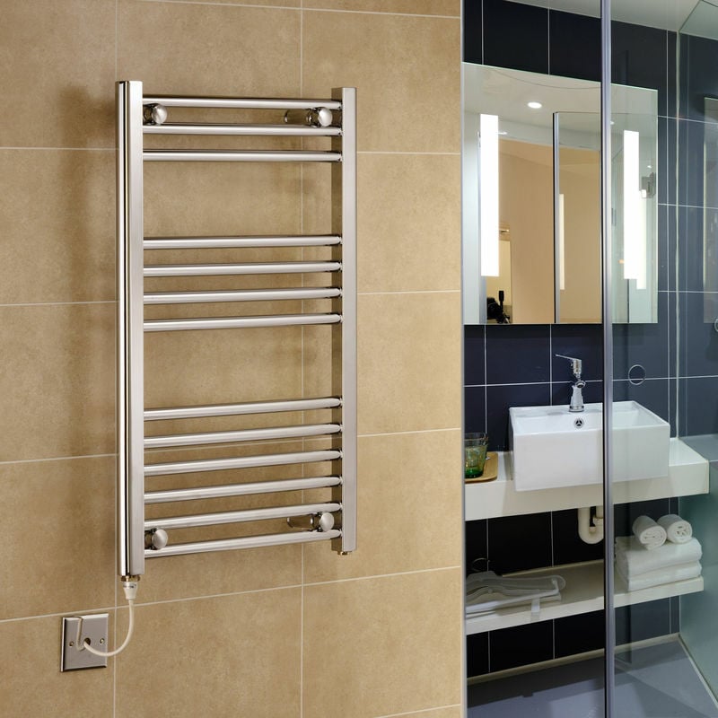 York 500mm wide x 1600mm high Chrome Flat Electric Heated Towel Rail Designer Straight Towel radiator