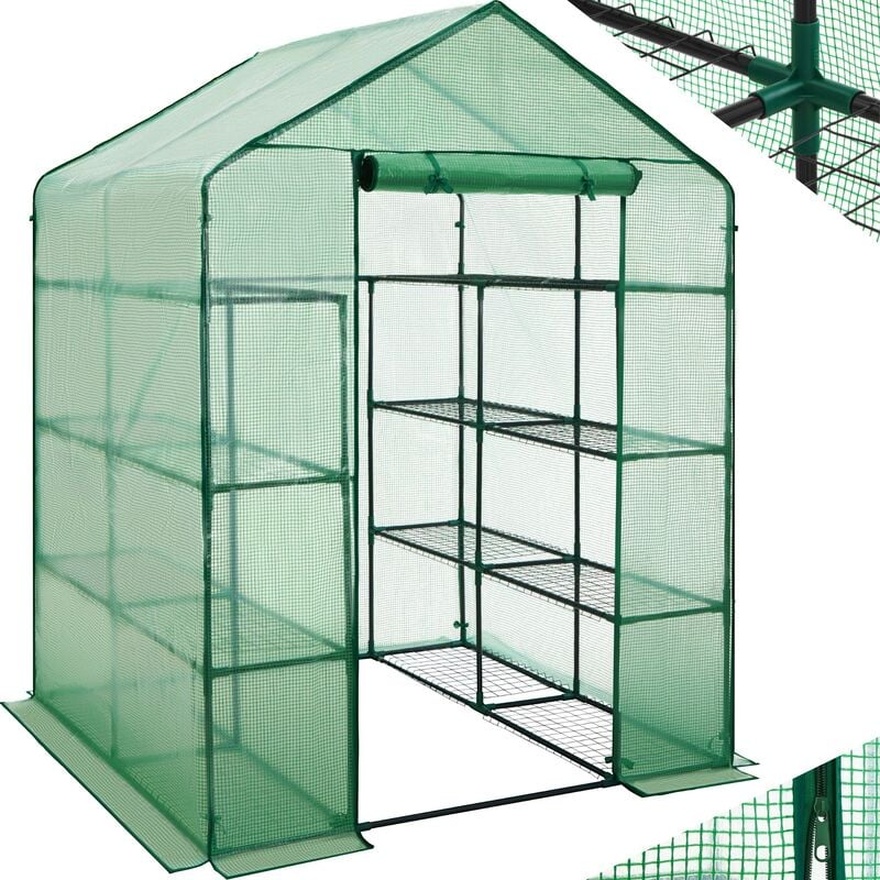 Greenhouse with tarpaulin and shelving - small greenhouse, walk in greenhouse, garden greenhouse - green