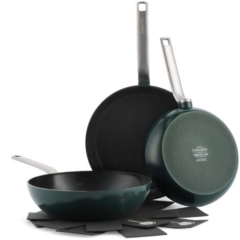 GreenPan Evolution Set di padelle, padelle e wok in ceramica non antiaderente anodizzata dura, 3 pezzi, senza PFAS, induzione, lavabile in lavastoviglie, forno, verde pino