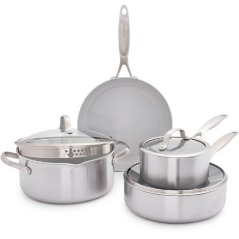 GreenPan Venice Pro Tri-Ply Set di pentole e padelle in ceramica antiaderente a tre strati in acciaio inox, senza PFAS, multiaderenti, a induzione, lavabili in lavastoviglie, adatto al forno, argento