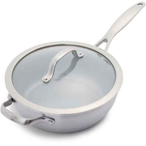 GreenPan Venice Pro Tri-Ply,Acciaio Inox Ceramico antiaderente 24 cm/3.4 L, Padella con Manico e Coperchio, senza PFAS, a induzione, lavabile in Lavastoviglie, adatto al Forno, Argento