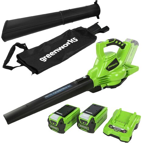 Greenworks 40V Aspiratore Soffiatore a Batteria per Foglie, Motore Brushless, 280km/h, 9,63m³/min, Sacco di Raccolta da 45L, Due Batterie 2Ah e Caricabatterie, Garanzia 3 Anni GD40BVK2X
