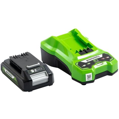 Greenworks Batteria 24V 2Ah agli Ioni di Litio e Caricabatterie Universale - per Attrezzi da Giardino ed Elettroutensili 24V, Carica in 60 Minuti, Batteria G24B2 e Caricabatterie - G24UCC