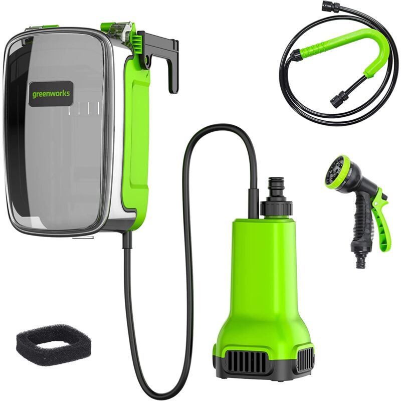 Greenworks - G24SWP Elettropompa a Immersione a Batteria, 1800L/ora, Attacco Rapido da 1/2', Testina di Spruzzo 8 in 1, Tubo Flessibile 2m, senza