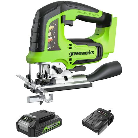 Greenworks GD24JSK2 Seghetto Alternativo a Batteria con 2 Lame, 3000 colpi/min., Base Regolabile Fino a 45°, Attacco Aspiratore PIÙ Batteria 24V 2Ah e Caricabatterie, Garanzia 3 Anni