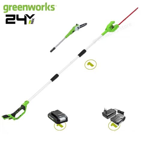 Greenworks  Potatore a asta e tagliasiepi 2 in 1  24V, lama 8 pollici, larghezza taglio 51 cm, cintura inclusa, batteria 2Ah + caricabatterie