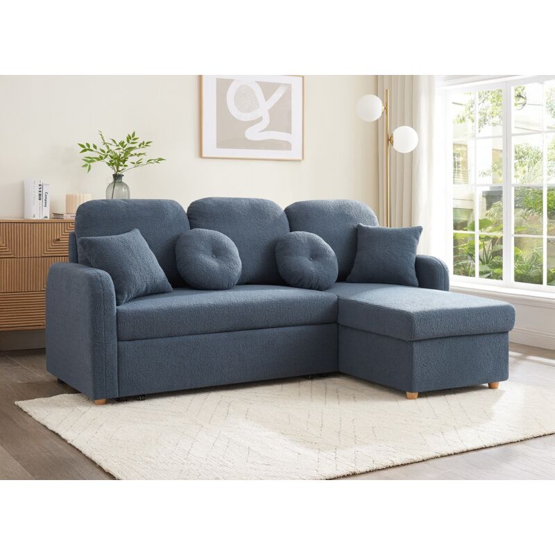 Deco In Paris - gregory - Canapé d'angle convertible et réversible avec coffre en tissu bouclette bleu gregory