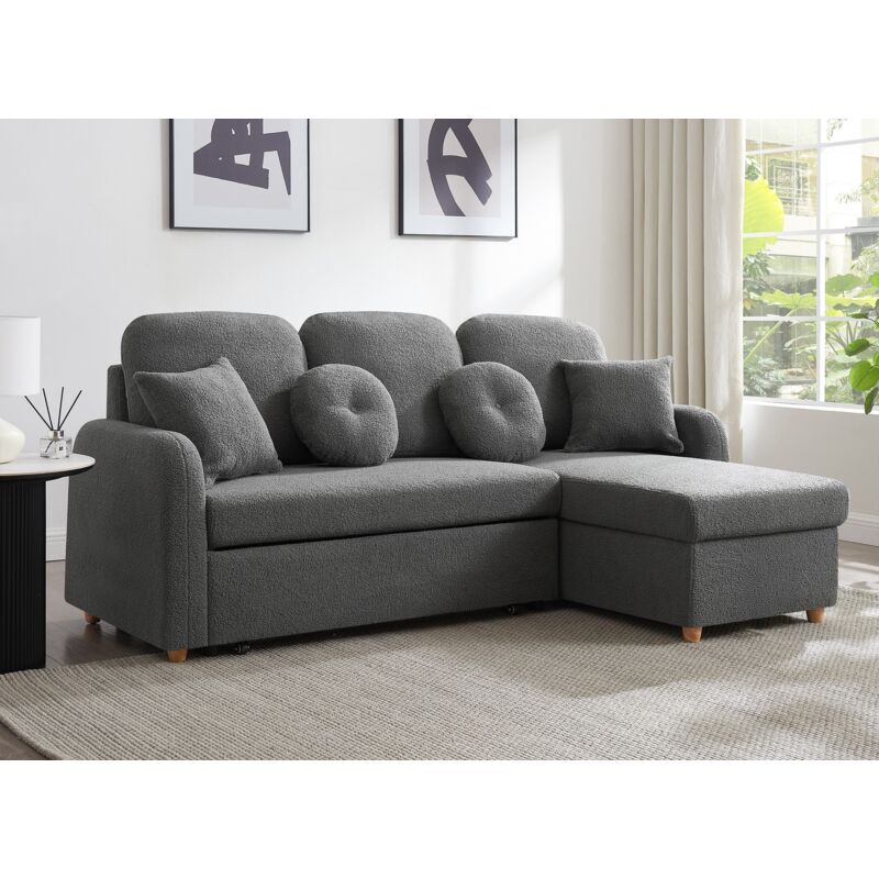 GREGORY - Canapé d'angle convertible et réversible avec coffre en tissu bouclette gris foncé GREGORY