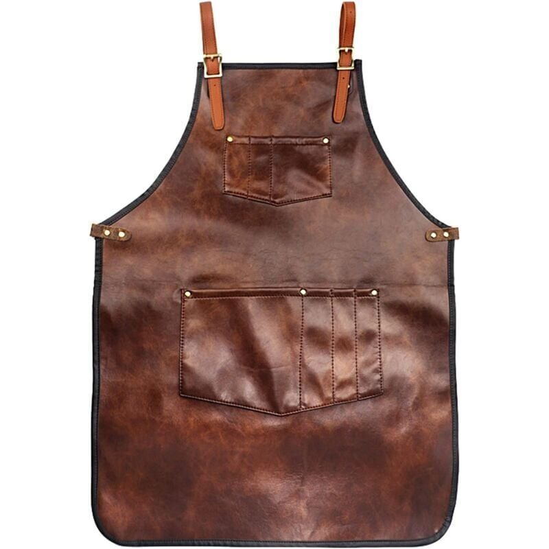 Image of Grembiule da cuoco per uomo e donna, grembiule in pelle impermeabile con tasche e cinturini incrociati per cucina, barbecue, barbiere, lavoro manuale