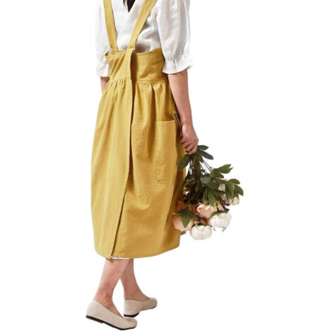 Grembiule da donna a croce in cotone e lino, con tasche, giallo, senza cintura, ideale per cucinare e per i lavori domestici.