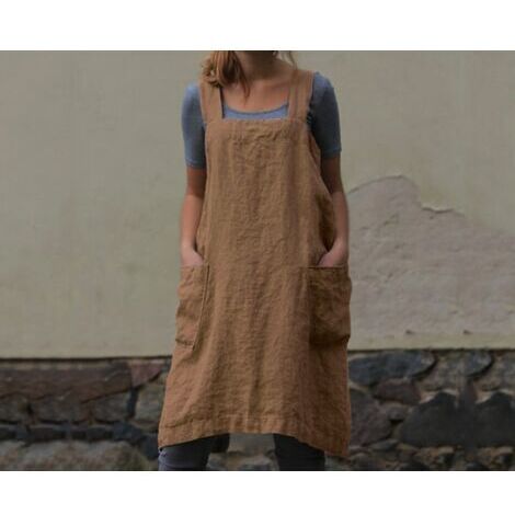 Grembiule da donna taglie forti in cotone e lino con tasche - Marrone - XX-Large