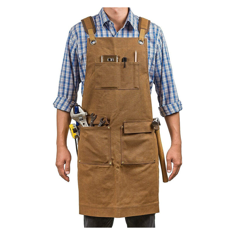 Image of Grembiule da lavoro da uomo, grembiule da saldatura con 7 tasche, grembiule in tela cerata resistente per carpentiere, falegname con cinghie