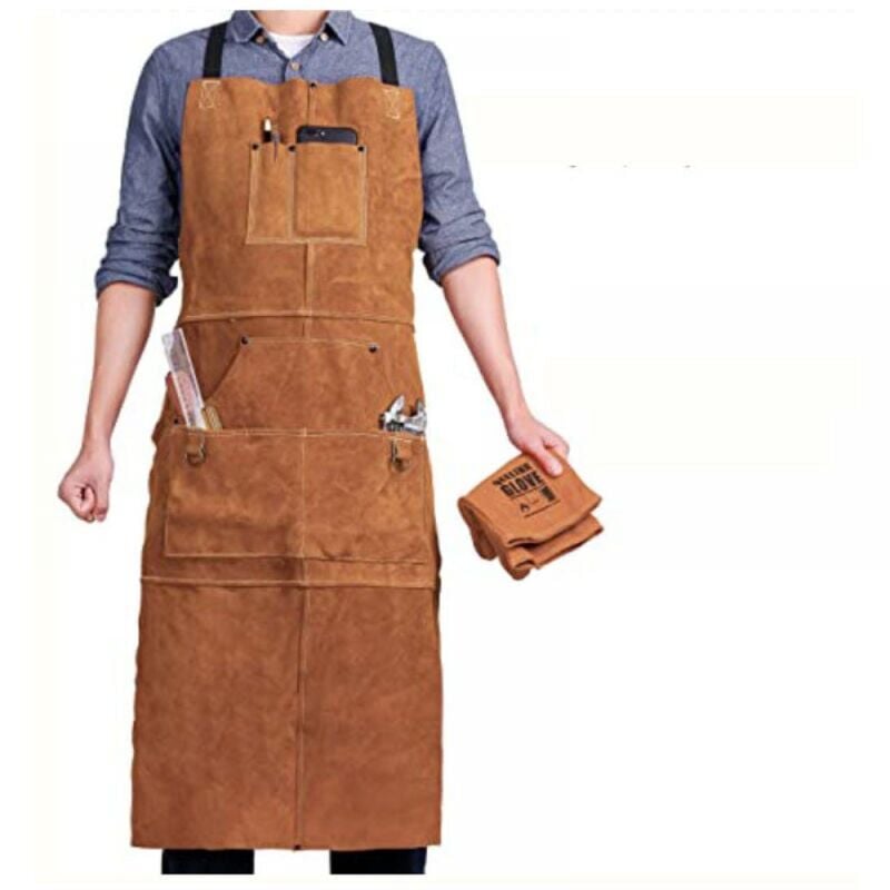 Image of Grembiule da saldatore a 6 tasche, grembiule da lavoro in pelle ignifuga e resistente al calore, grembiule da carpentiere da uomo, regolabile dalla m