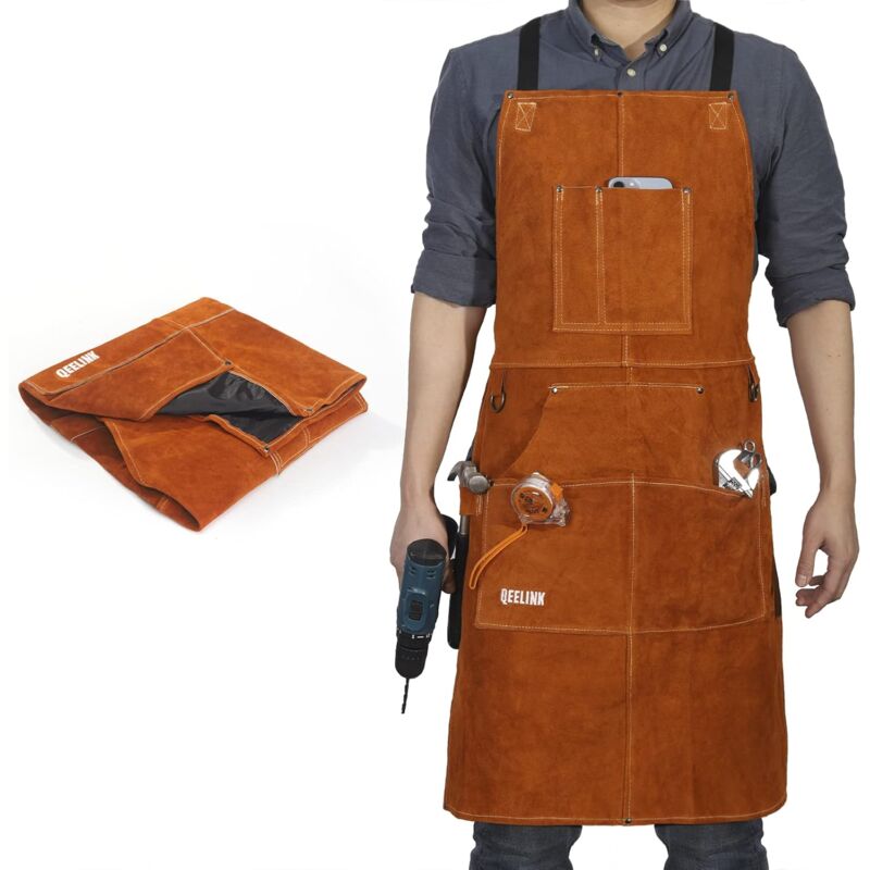 Image of Grembiule da saldatore con 6 tasche, grembiule da lavoro in pelle ignifuga resistente al calore, grembiule da falegname per uomo, perfetto per