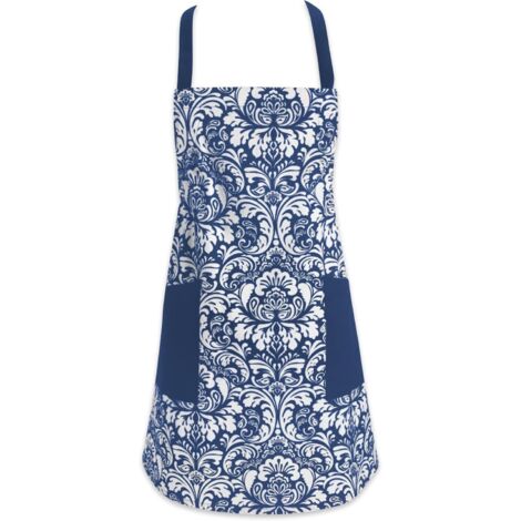 Grembiule in cotone stampato, con laccetti regolabili, coulisse in vita e tasca frontale, 1 pezzo (blu)