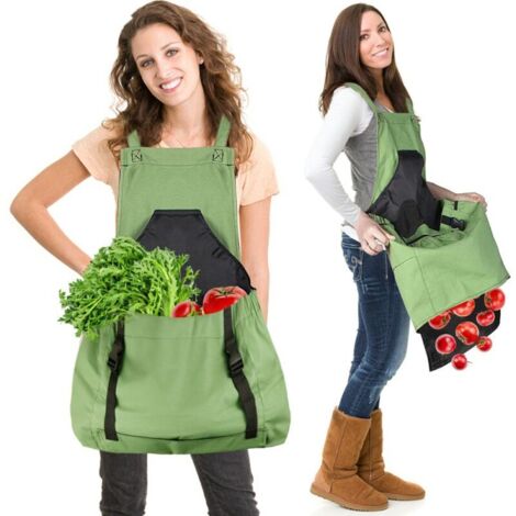 Grembiule per la raccolta (verde), borsa in tela per la raccolta della frutta: grembiule regolabile di grande capacità con apertura inferiore e doppie clip per giardinieri.