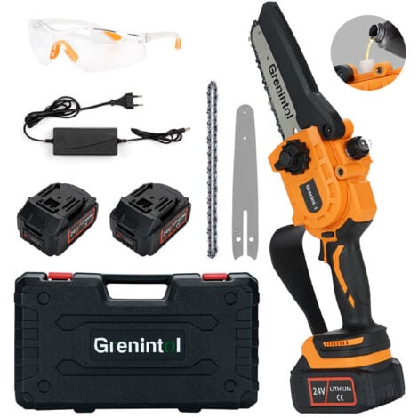Grenintol 6 Zoll Mini Kettensäge, 24V Kettensäge mit 2X3000mah Batterien Tragbare Akku Kettensäge mit 2 Ketten zum Schneiden von Holz im Garten
