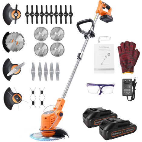 Grenintol Elektrischer Akku-Rasenmäher, Akku-Rasenmäher mit 2 Akkus und 4 Messern, Höhe und Winkel einstellbar, Rasenmäher zum Mähen von Rasen und Sträuchern im Freien