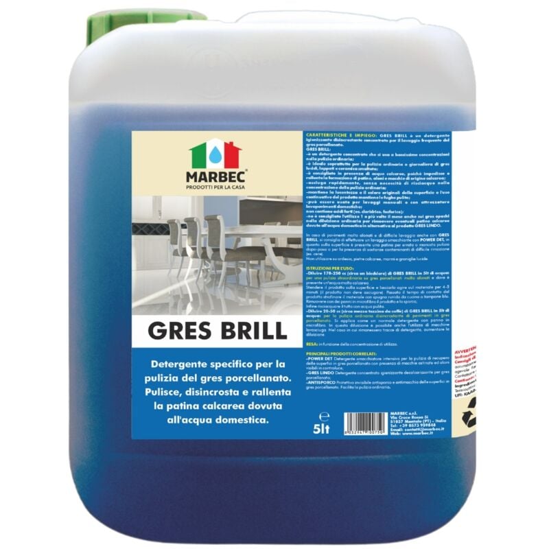 Image of Gres brill 5LT Detergente igienizzante specifico per la pulizia del gres porcellanato. Pulisce, disincrosta e rallenta la patina calcarea dovuta