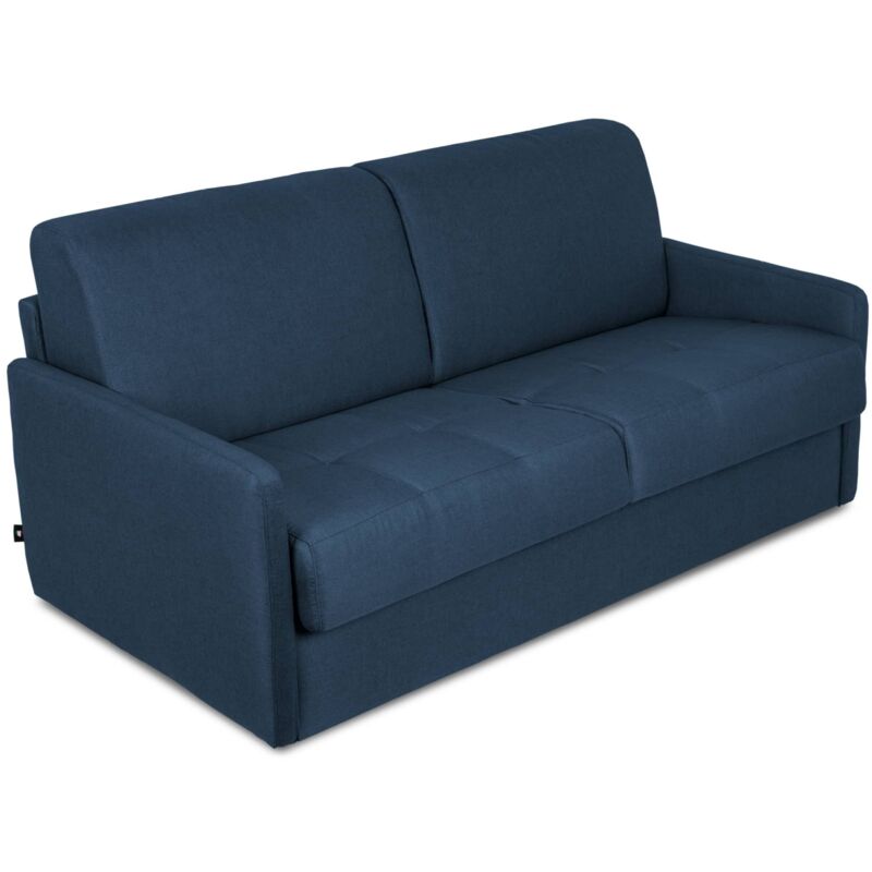 GRETA - Canapé convertible 3 places en tissu bleu denim ouverture express, accoudoirs slim - Bleu