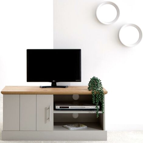 Grey 1 Door 1 Shelf TV Stand With Open Storage Shelves Grooved Panels Oak Top