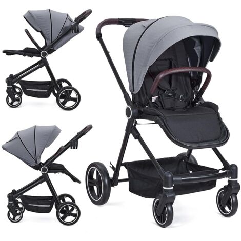 Grey 2-Piece Baby Playpen Set, Compact Collapsible Design, 5-Point Harness, Large UV Canopy, Spacious Storage Basket