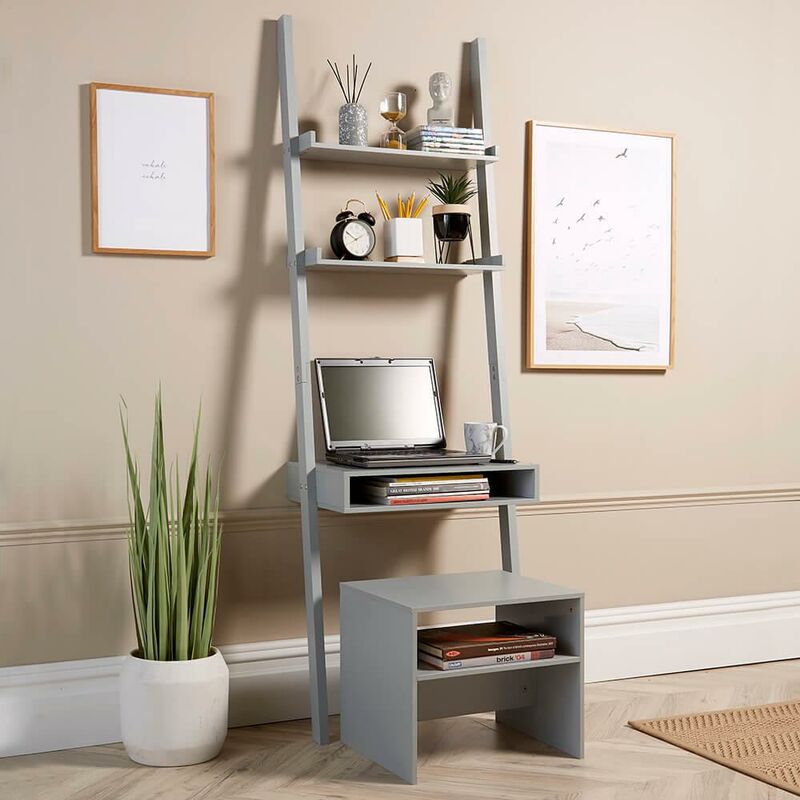 Grey 3 Tier Desk Unit Home Office Shelving Storage with Stool Included - Ladder