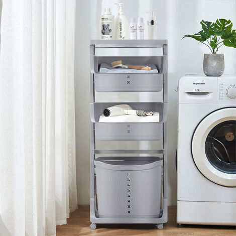 Grey 4 Tier Storage Rack Laundry Basket with Wheels