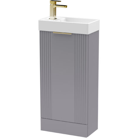 Grey 400mm Floor Standing Cloakroom Vanity Basin Unit with Brushed Brass Handle Compact Bathroom Storage