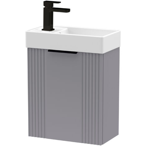 Grey 400mm Wall Hung Cloakroom Vanity Basin Unit with Black Handle Compact Bathroom Storage