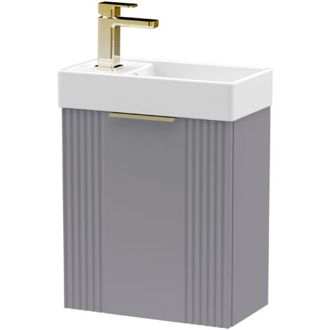 Grey 400mm Wall Hung Cloakroom Vanity Basin Unit with Brushed Brass Handle Compact Bathroom Storage